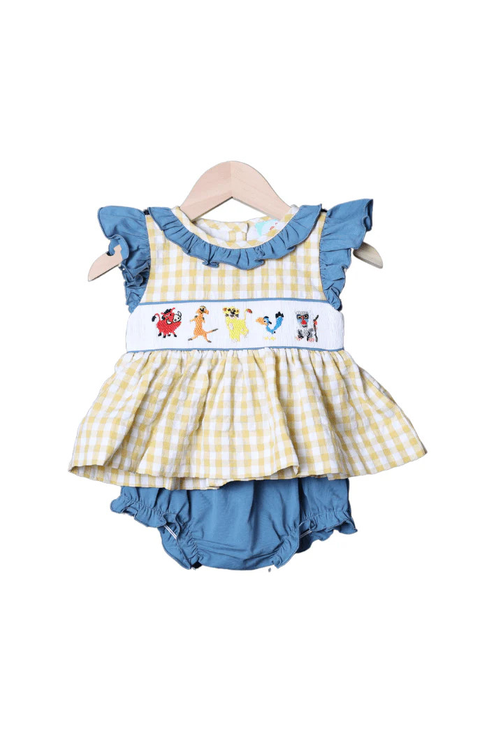 Smocked Lion Friends Blue Stone Yellow Seersucker Bloomer Set | The Smocked Flamingo