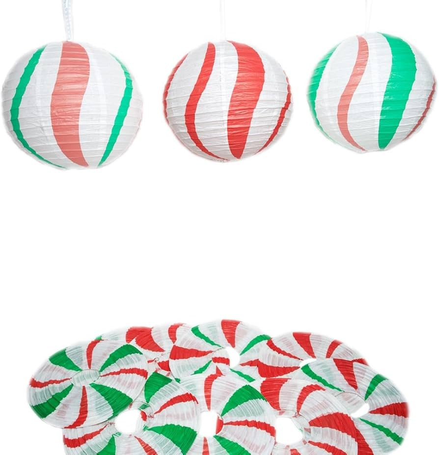 Multicolor Peppermint Candy Cane Balloon Hanging Paper Lanterns - 12" (Pack of 12) - Festive Desi... | Amazon (US)