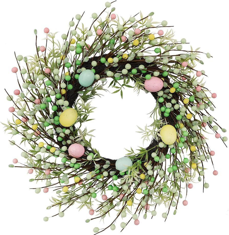 20" Easter Wreath – Pink, Green Yellow Berry & Egg Wreaths for Front Door, Spring Easter Wreath... | Amazon (US)