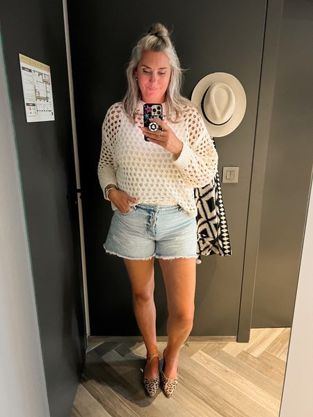 Outfits of the week. A beige crochet sweater over a basic white tank top paired with mom fit denim shorts (I let the hems out) and comfortable Vivaia flats. 



#LTKover40 #LTKtravel #LTKshoecrush