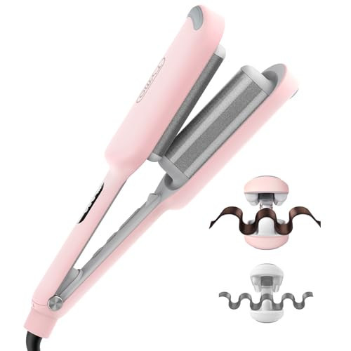 Curling Iron Hair Crimper Waver - TYMO ROVY Beach Waves Curling Wand, Ionic Deep Waver Hair Curler Tool with Ceramic 3 Barrel for Women, Dual Voltage, Anti-Scald, Easy to Use, Pink, 1.25 Inch | Amazon (US)