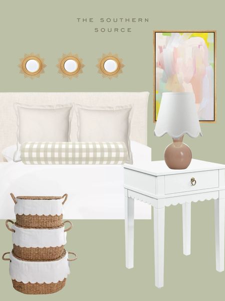Little girls bedroom design! Avocado green, set of 3 tiny gold wall mirrors, 3 set of scalloped baskets (own & love!) and a cute white scalloped side table & affordable frames canvas art from Amazon! 