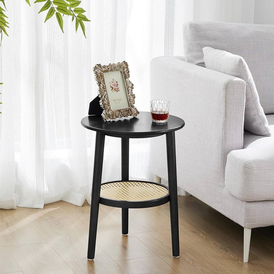 APICIZON 2 Tier Round End Table, Black Rattan Nightstand Bedside Table with Storage, Boho Side Ta... | Amazon (US)
