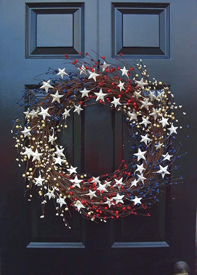 20 Inch Patriotic Red, White and Blue Berry and Metal Star Americana Door Wreath - 4th of July De... | Amazon (US)
