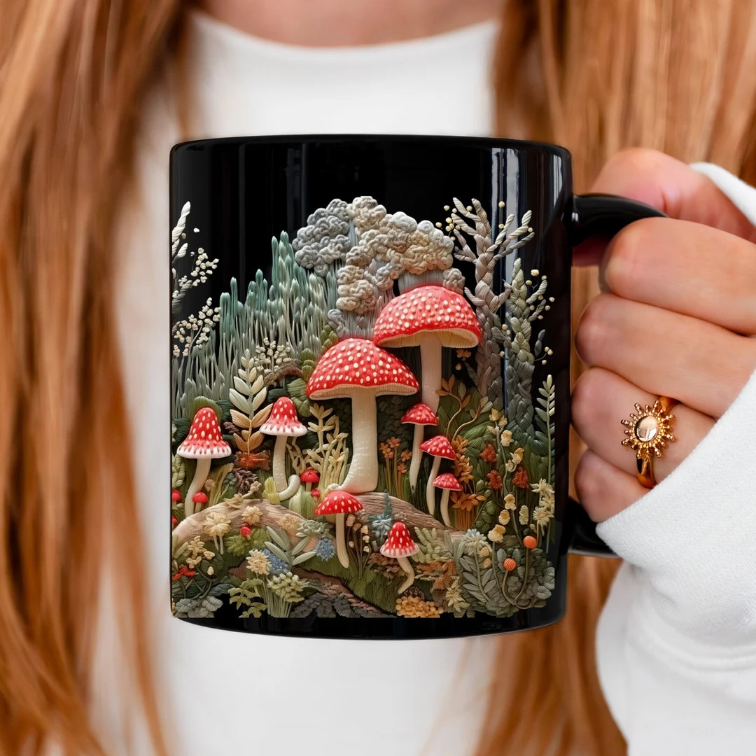 3D Toadstool Mushrooms Mug Black Coffee Mug Faux Embroidery Red Toadstool Mushrooms Nature Mug Mu... | Etsy (US)