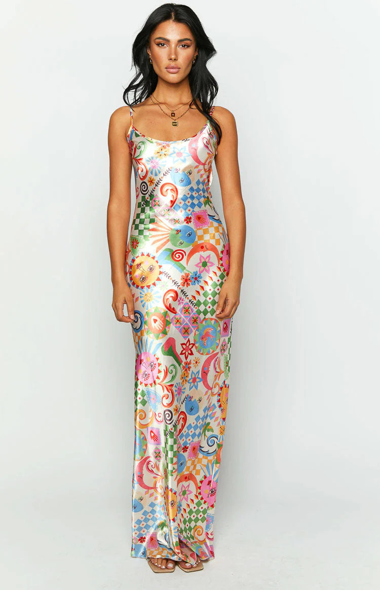 Renesmee Satin Summer Print Maxi Dress | Beginning Boutique (US)