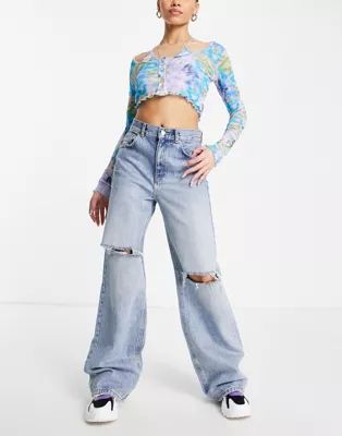 Pull&Bear 90's straight leg jeans with rips in blue | ASOS (Global)