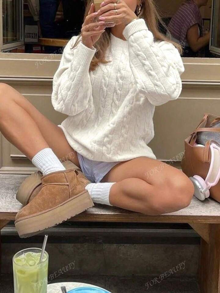 Spring/Autumn New Solid Color Simple Round Neck Twisted Long-Sleeved Knit Sweater Women's Fashion... | SHEIN