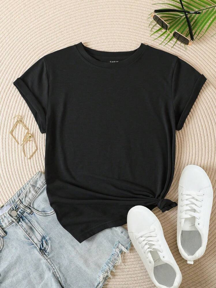 INAWLY Solid Round Neck Tee | SHEIN