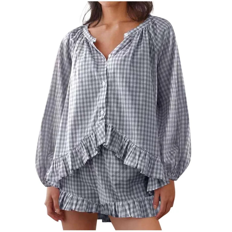 Women 2 Piece Gingham Pajama Sets Puff Sleeve Button Down Peplum Tops and Y2k Ruffle Lounge Short... | Walmart (US)