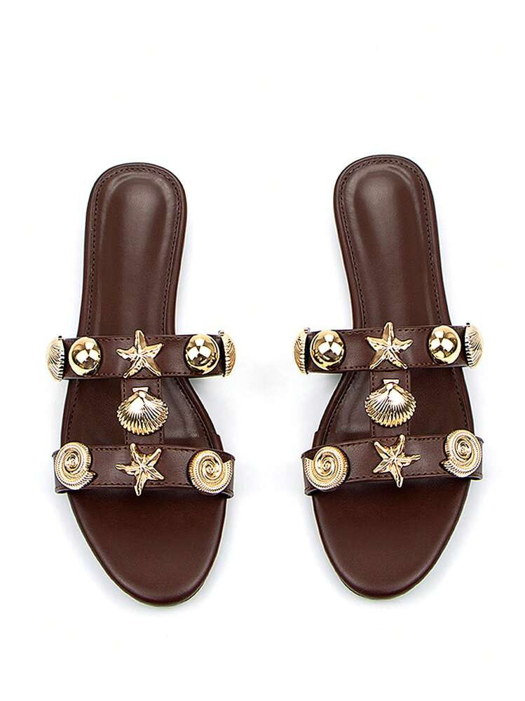 Women's Casual Ocean Animal Metal Decor Chocolate Brown PU Leather Slip-On Round Toe Flat Mules, ... | SHEIN