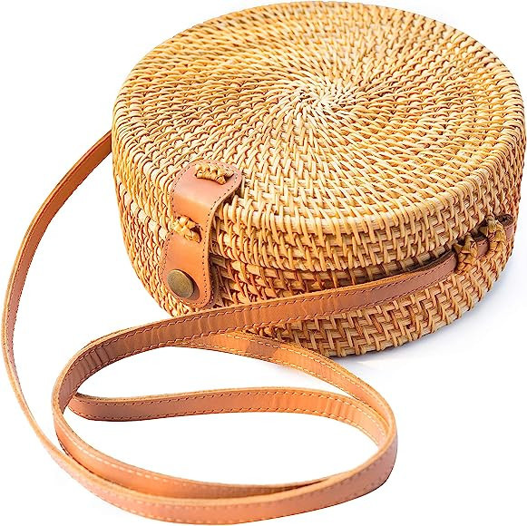 Natural NEO Handwoven Round Rattan Bag Shoulder Leather Straps Natural Chic Hand | Amazon (US)