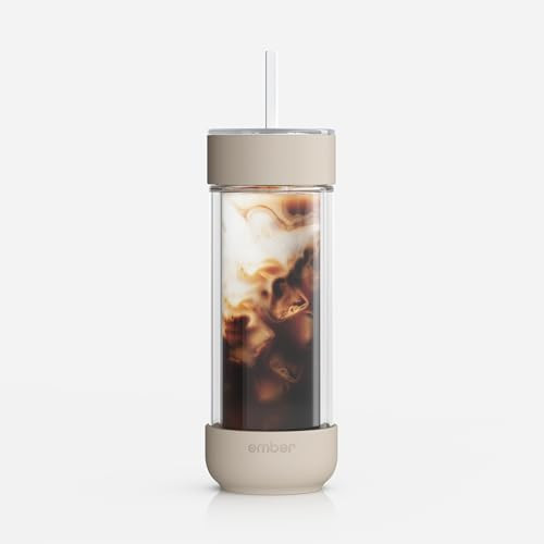 Ember Cold Tumbler 16 oz – Insulated Glass Iced Coffee Cup with Straw & Spill-Proof Lid, Keeps Drinks Cold 6+ Hours, Modern Double-Wall Design, Sandstone | Amazon (US)