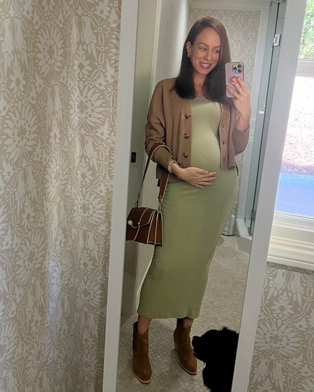 Go to pregnancy outfit: a stretchy dress and cardi. Wearing a size S 

#LTKbump