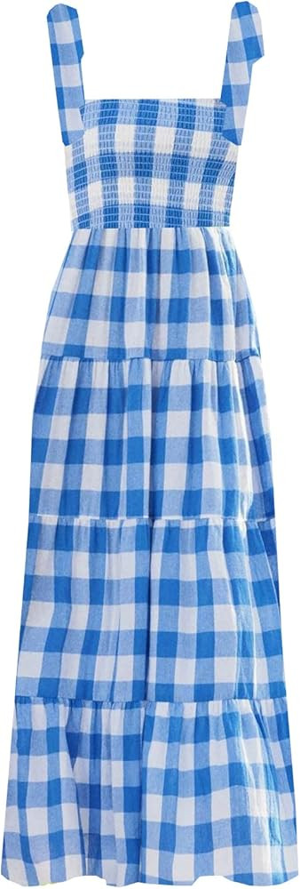 kinstell Women's Summer Boho Spaghetti Strap Square Neck Ruffle Casual Flowy Long Dress Beach Swi... | Amazon (US)