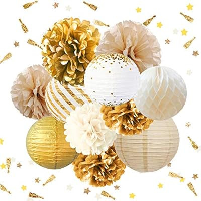 NICROLANDEE Gold White Party Decorations -12PCS Tissue Pom Poms Gold Foil Dots Paper Lantern Glit... | Amazon (US)