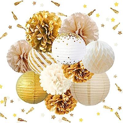 NICROLANDEE Gold White Party Decorations -12PCS Tissue Pom Poms Gold Foil Dots Paper Lantern Glit... | Amazon (US)