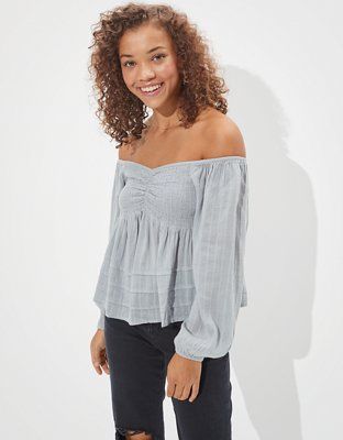 AE Smocked Off-The-Shoulder Babydoll Top | American Eagle Outfitters (US & CA)