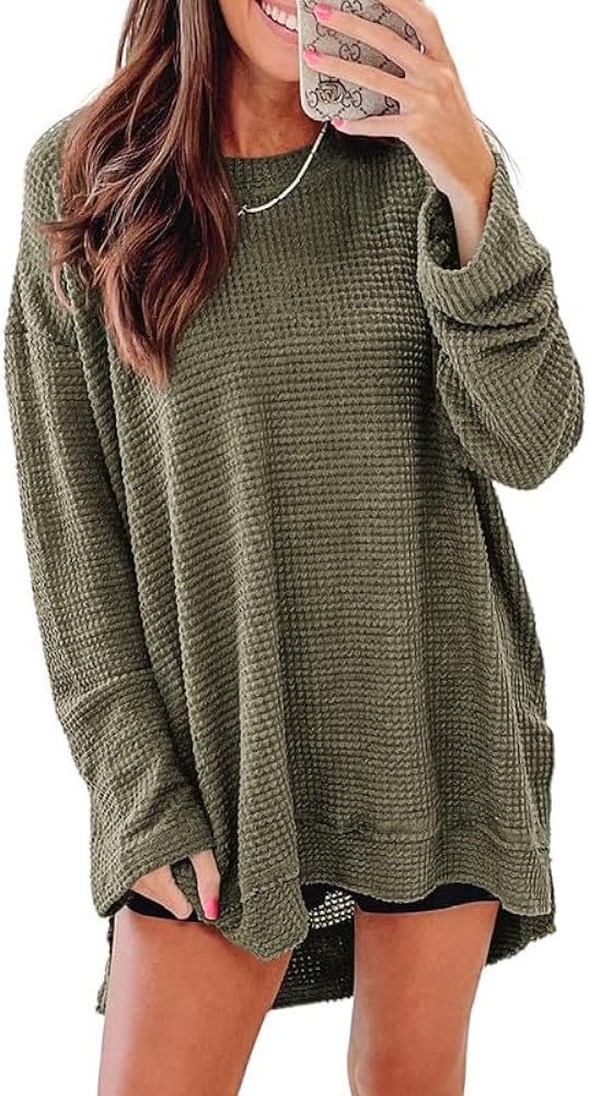SHEWIN Womens Long Sleeve Tops Trendy Crewneck Solid Color Waffle Knit Tunic Tops Spring Shirts f... | Amazon (US)