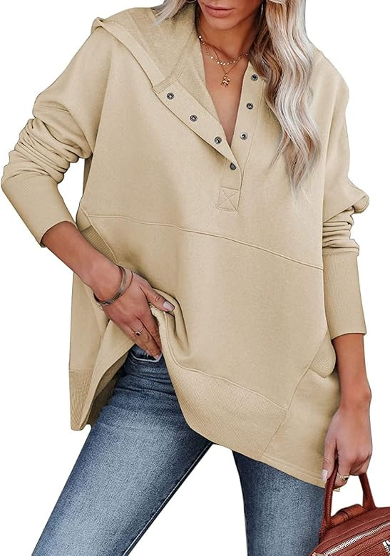 PAODIKUAI Women Casual Button Hoodies Oversized V Neck Long Sleeve Pullover Sweatshirt Hooded Top... | Amazon (US)