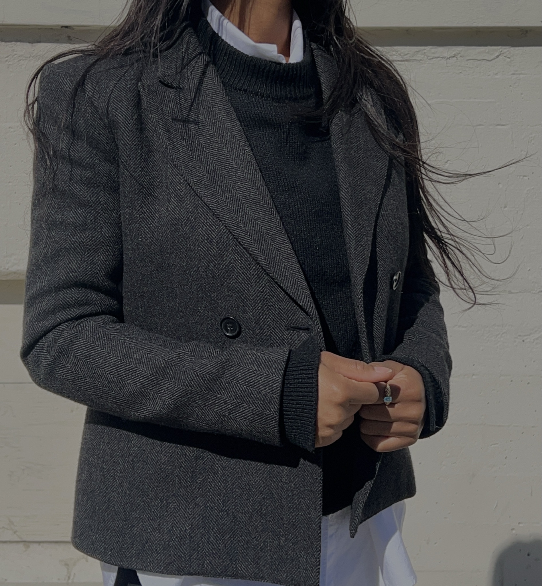 polo blazer, grey sweater, oxford shirt, black leggings, black loafers.

#LTKstyletip