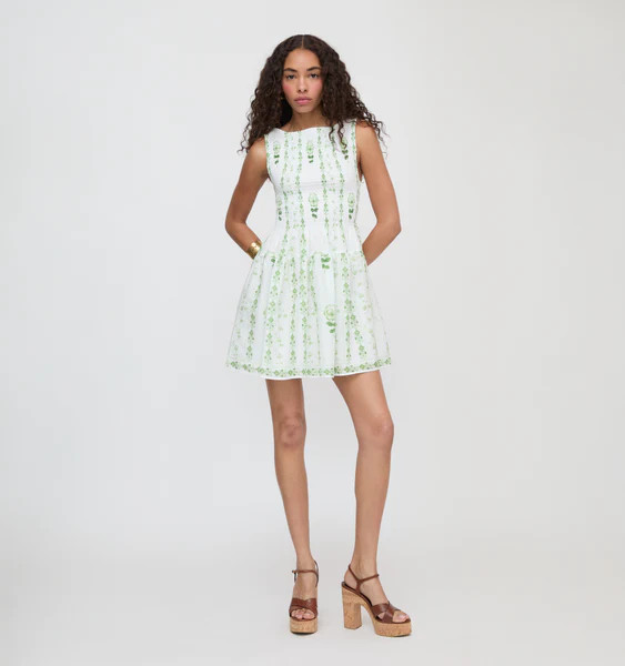 The Cosima Mini Nap Dress - White/Green Arcadia Border | Hill House Home US