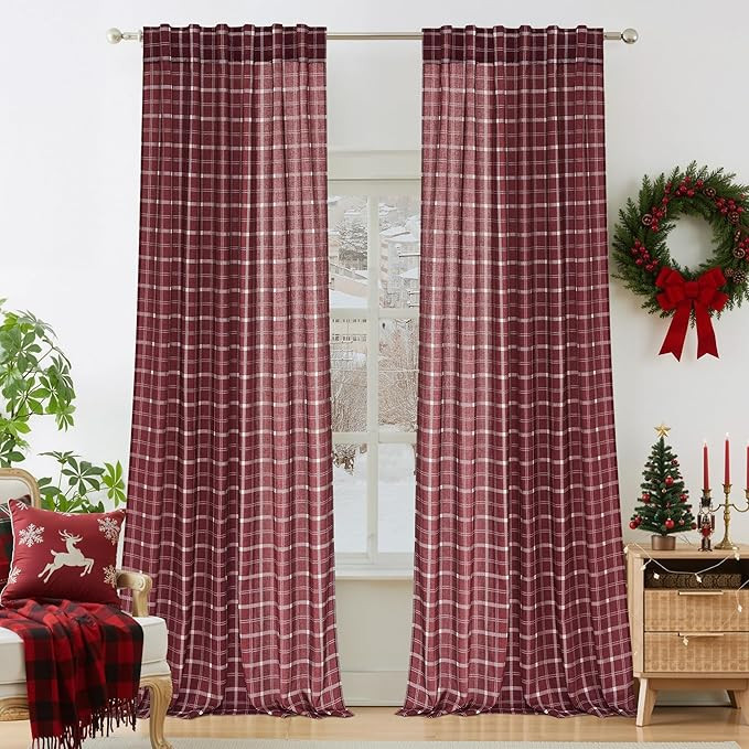 NICETOWN Christmas Red Blackout Plaid Farmhouse Linen Curtains 96 Inch Long 2 Panels Set for Livi... | Amazon (US)