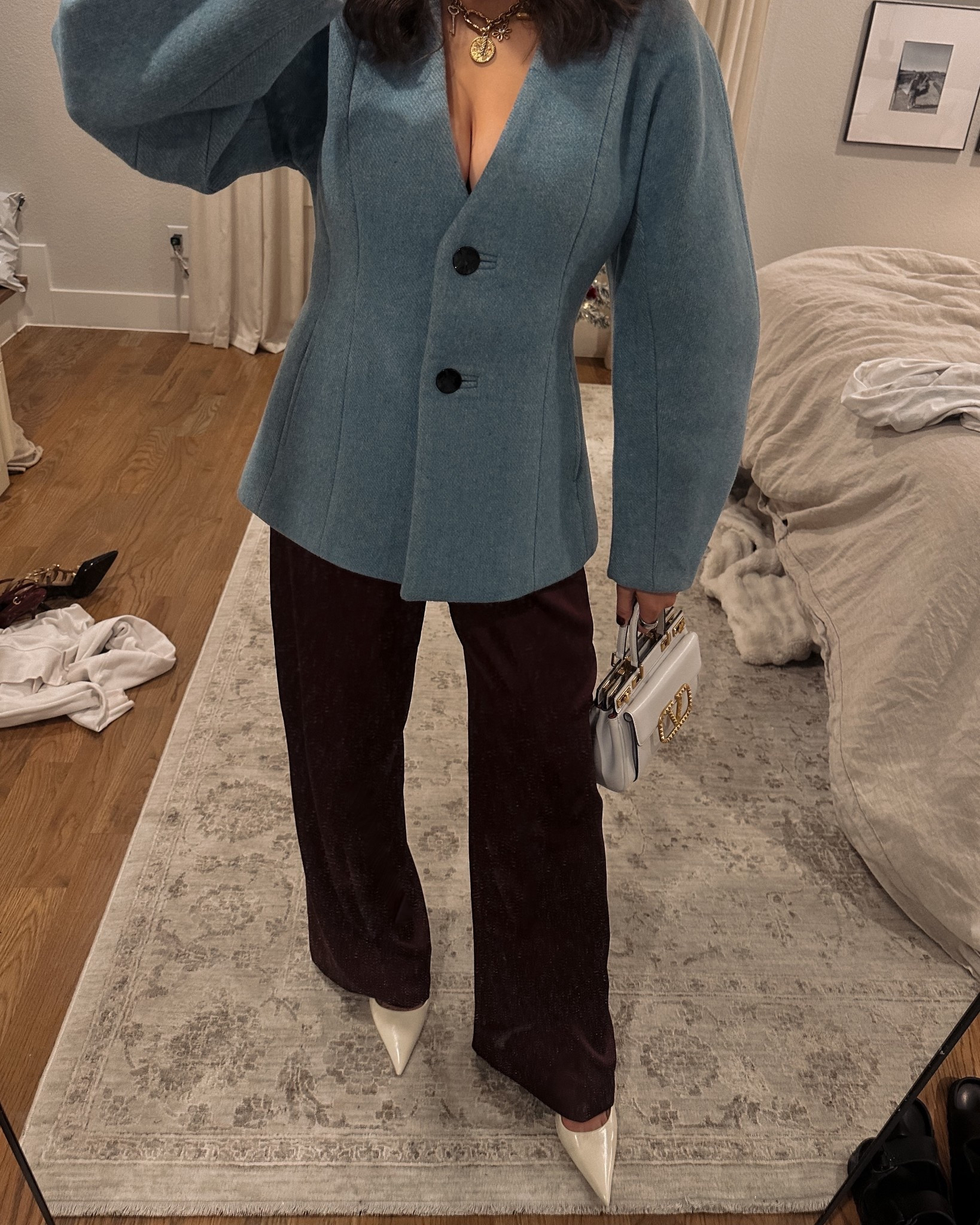 Christmas Party Outfit ✨ 

blue jacket, burgundy satin pants, white pointed toe heels, holiday outfit idea, holiday style, party outfit, winter fashion, chic winter style 

#LTKootd #LTKHoliday #LTKSeasonal