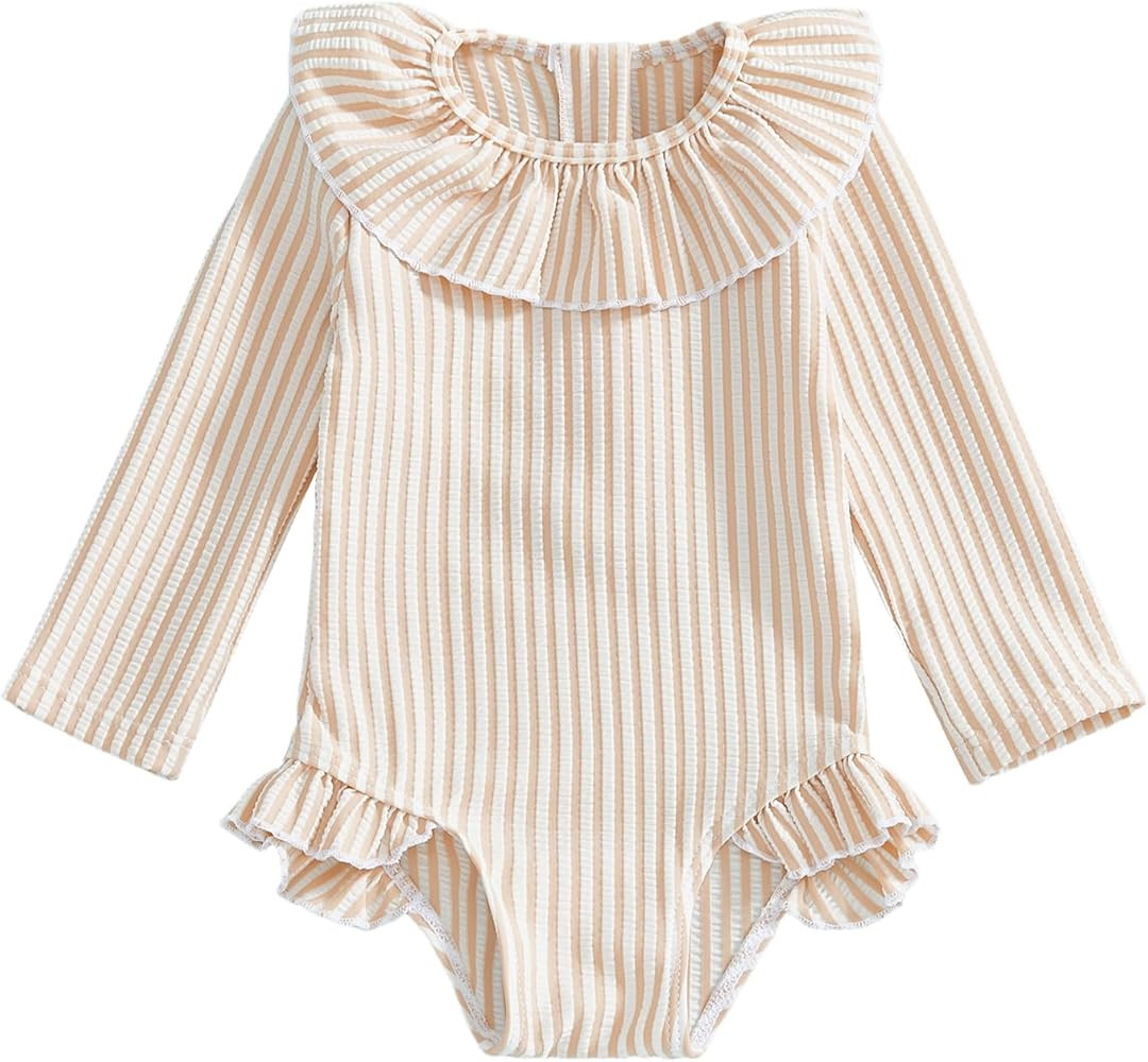 Toddler Baby Girls Striped Ruffle Long Sleeve One Piece Rash Guard Swimsuit Zipper Bathing Suit S... | Amazon (US)