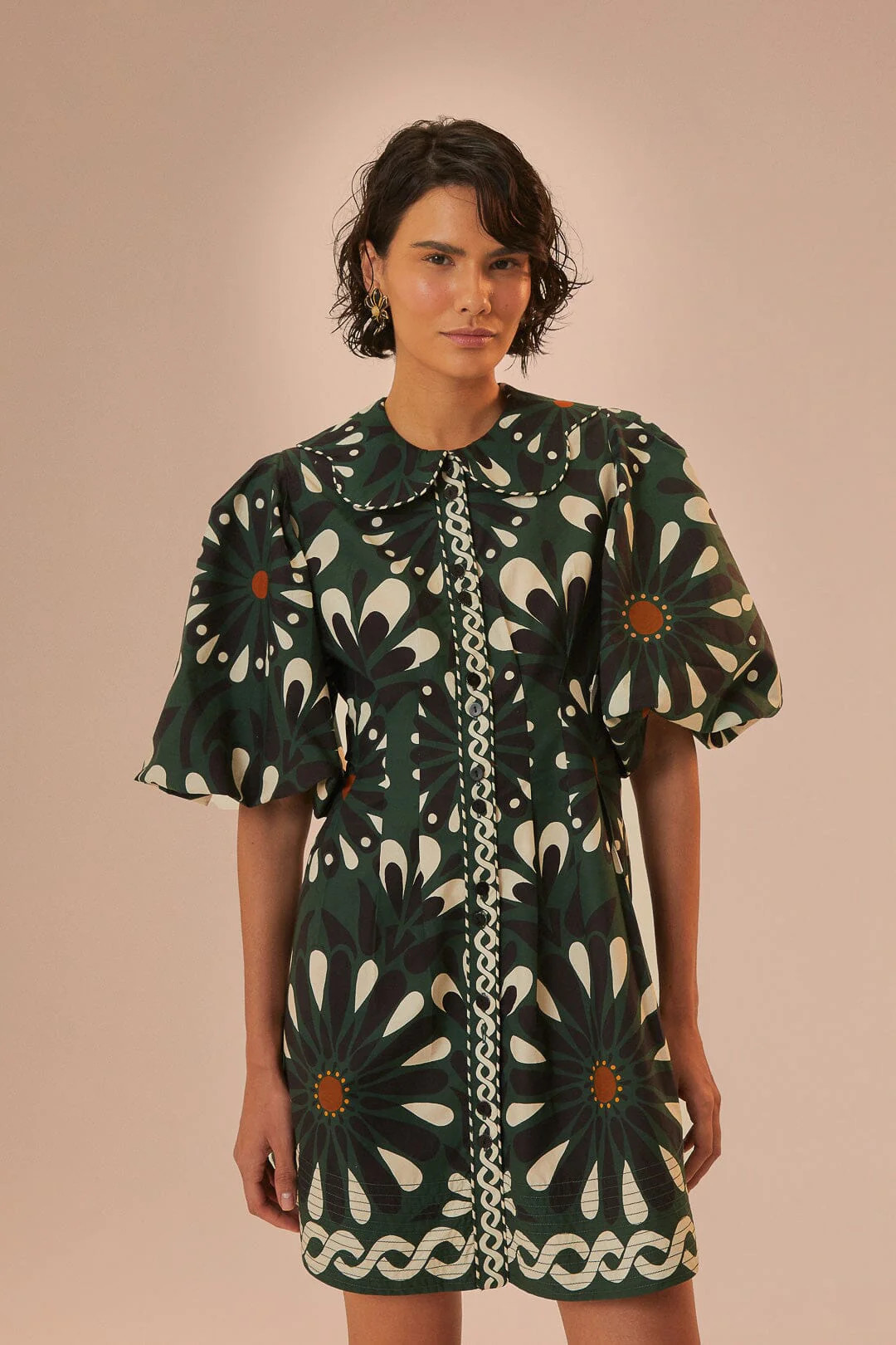 Green Ainika Flowers Short Sleeve Mini Dress, AINIKA FLOWERS GREEN / M | FarmRio (US)