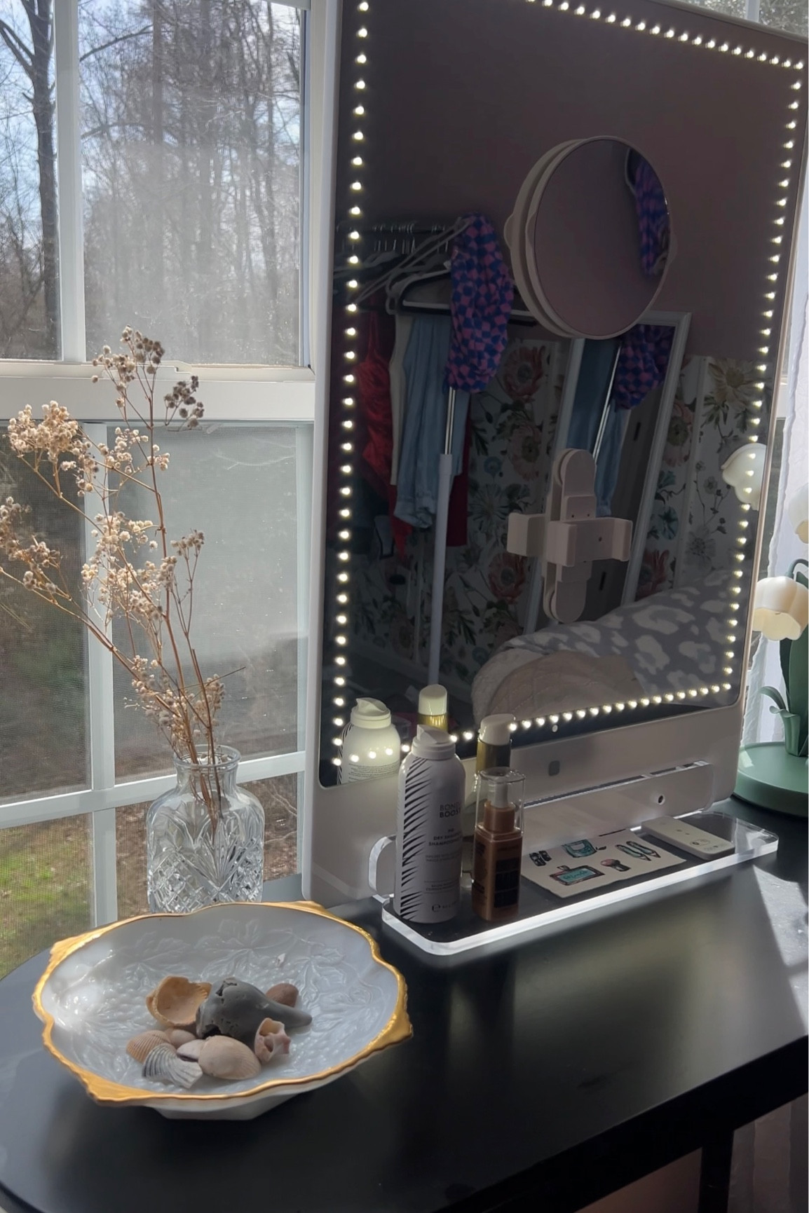 Vanity Mirror of my dreams!! Multiple dim options, Bluetooth, magnifying mirror and phone holder!! Loveeee 🩷🥰 
