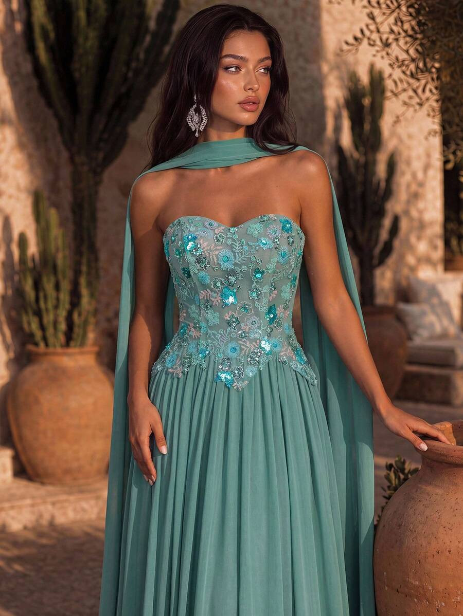 Glamrae Elegant Luxurious Beaded Embroidered Elastic Knit Ruched Maxi Dress | SHEIN