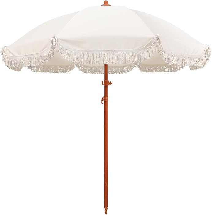 7.3ft Boho Beach Umbrella with Integrated Sand Anchor & Reinforced 8mm Ribs \u2013 Heavy Duty Win... | Amazon (US)