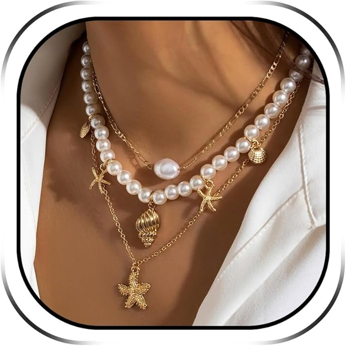 Dcfywl731 Seashell Necklace for Women Gold Shell Necklaces Layered Starfish Charm Necklace Beach ... | Amazon (US)