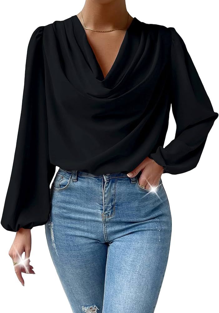 Milumia Women's Elegant Cowl Neck Long Sleeve Blouse Solid Draped Work Blouses Tops | Amazon (US)