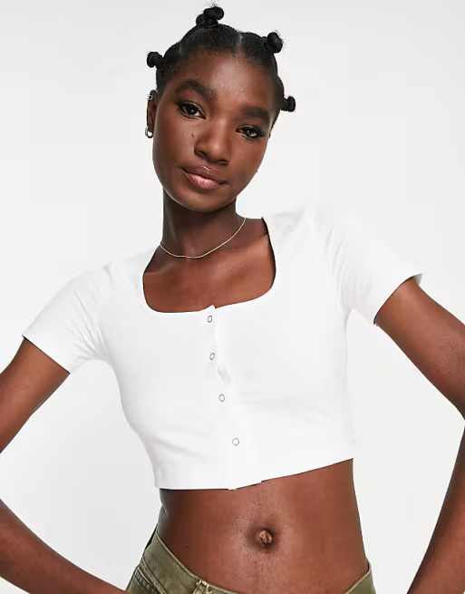 ASOS DESIGN fitted crop top with snap front in white | ASOS (Global)