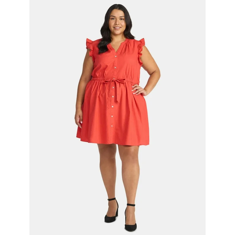 Time and Tru Women's and Women's Plus Button Front Cotton Mini Dress with Flutter Sleeves, Sizes ... | Walmart (US)