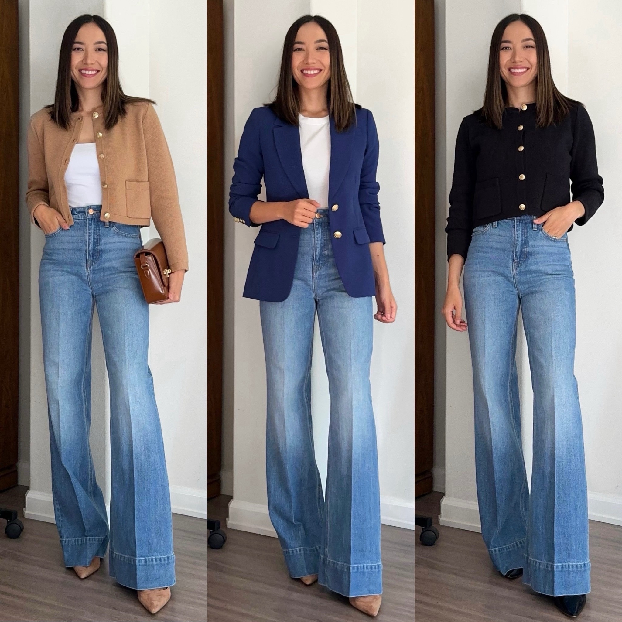 Workwear styling Jcrew denim trousers 3 ways 

Wide leg jeans 25 regular - petite would have been better for my 5’4” height, on sale (I’ve never seen this marked down)
Tan sweater with pockets & black sweater  xs - jcrew 
Seamless tank from Abercrombie
Italian leather bag 

Dark blue Willa blazer 
White cotton tshirt 
Leather belt 

Linked to similar heels 

Classic workwear / capsule workwear / business casual / workwear styling jeans / minimalist style / jeans 


#LTKWorkwear #LTKSaleAlert #LTKStyleTip