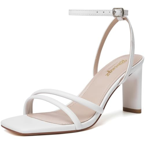 RIBONGZ Womens White Strappy Heels Square Open Toe High Heels for Women Ankle Strap Chunky Heeled Sandals Wedding Bridal Shoes Comfort Block Heels Dress Party Shoes 9 | Amazon (US)