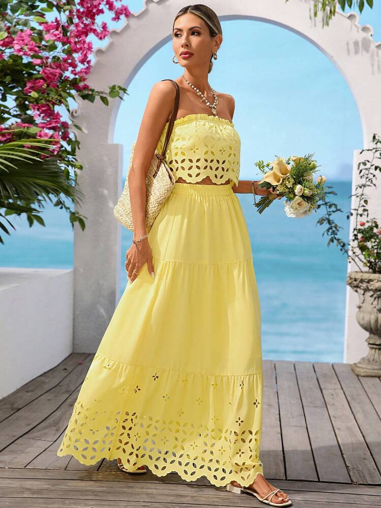 Vivid Eden Women's Summer Vacation Casual Tube Top & Long Skirt Two Pieces Outfits For Daily Wear,Women Summer Clothing, Vacation Style,Yellow Two Pieces Set,Vacation Outfits,Cute Summer Tops,Beach Vacation Outfits | SHEIN