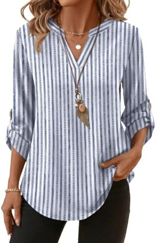 XIEERDUO 3/4 Length Sleeve Womens Tops V Neck T Shirts Both Side Buttons Blouses Business Casual ... | Amazon (US)