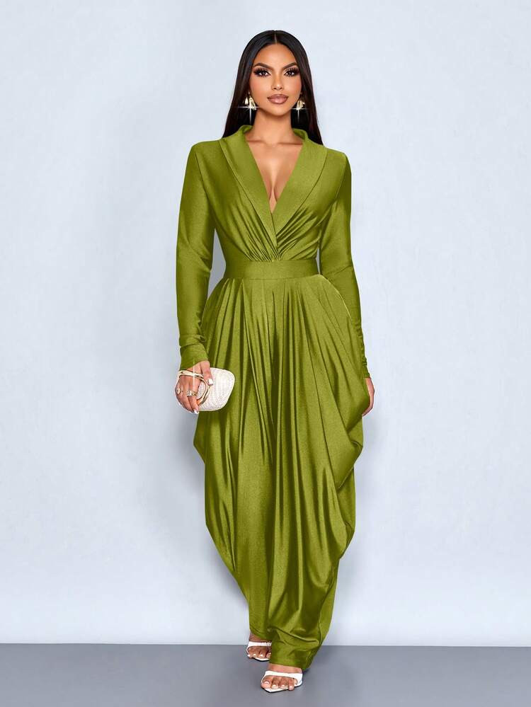 SOLERSUN Women's Elegant Loose Coffee Shawl Collar Deep V Neck Long Sleeve Pleated Pocket Structure Elastic Waistband Harem Jumpsuit | SHEIN