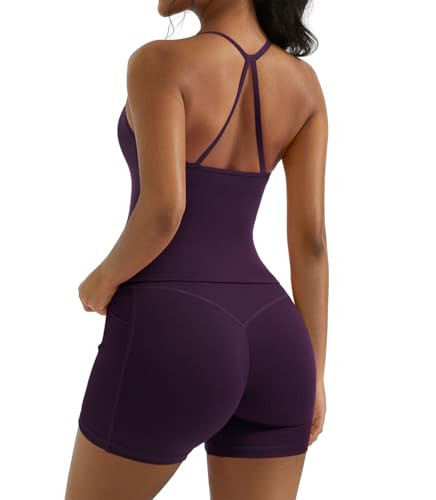 OMKAGI 2 Piece Workout Sets for Women Padded Sports Bra Tank Booty Gym Shorts with Pockets(M,284-Violet Purple) | Amazon (US)