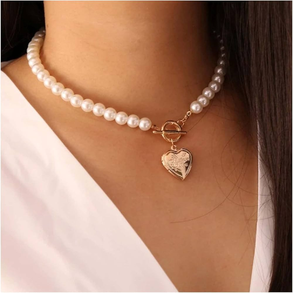 Vintage Pearl Choker Necklace Gold Circle T Bar Necklace Bohemia Heart Necklace Love Heart Pendan... | Amazon (US)