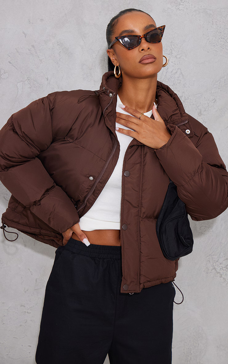 RENEW Chocolate Toggle Detail Puffer Jacket | PrettyLittleThing US