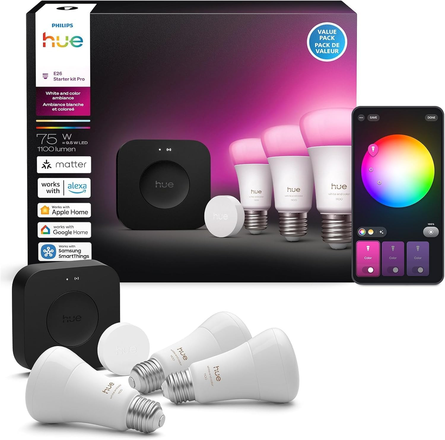 Philips Hue Starter Kit: Bridge Pro + 3 A19 E26 Smart Bulbs + Button, White & Color Ambiance, Smart Light Hub, Works with Apple Home, Alexa, Google, Samsung SmartThings | Amazon (US)