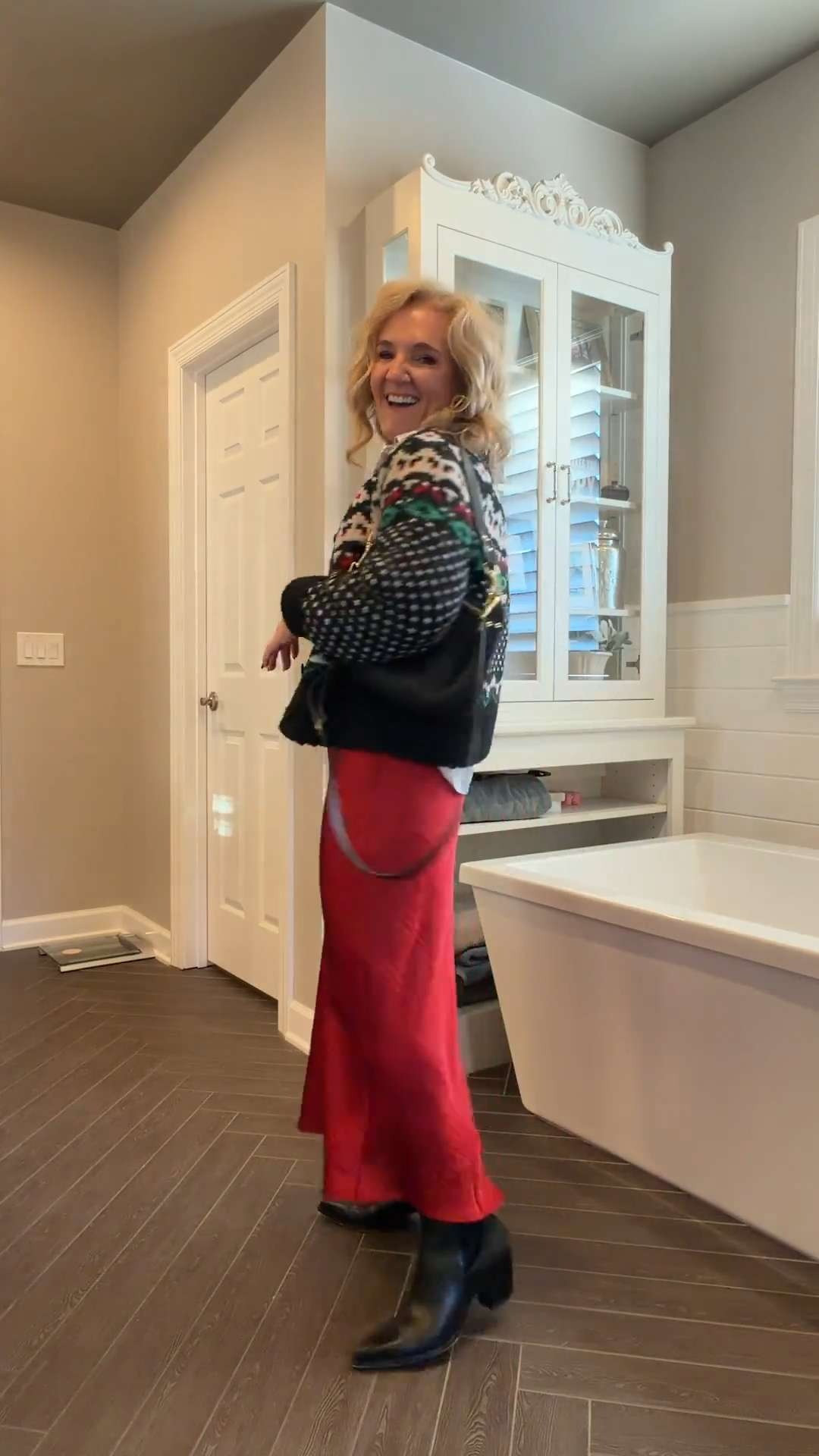 Target skirt size small
Target fair isle sweater size medium
Chicos no iron white blouse size 1.0
water proof booties definitely size up 

 #LTKHoliday #LTKOver40 #LTKFindsUnder100