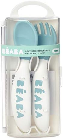 BEABA Second Stage Ergonomic Baby Cutlery, Spoon & Fork with Travel Case, Peacock | Amazon (US)