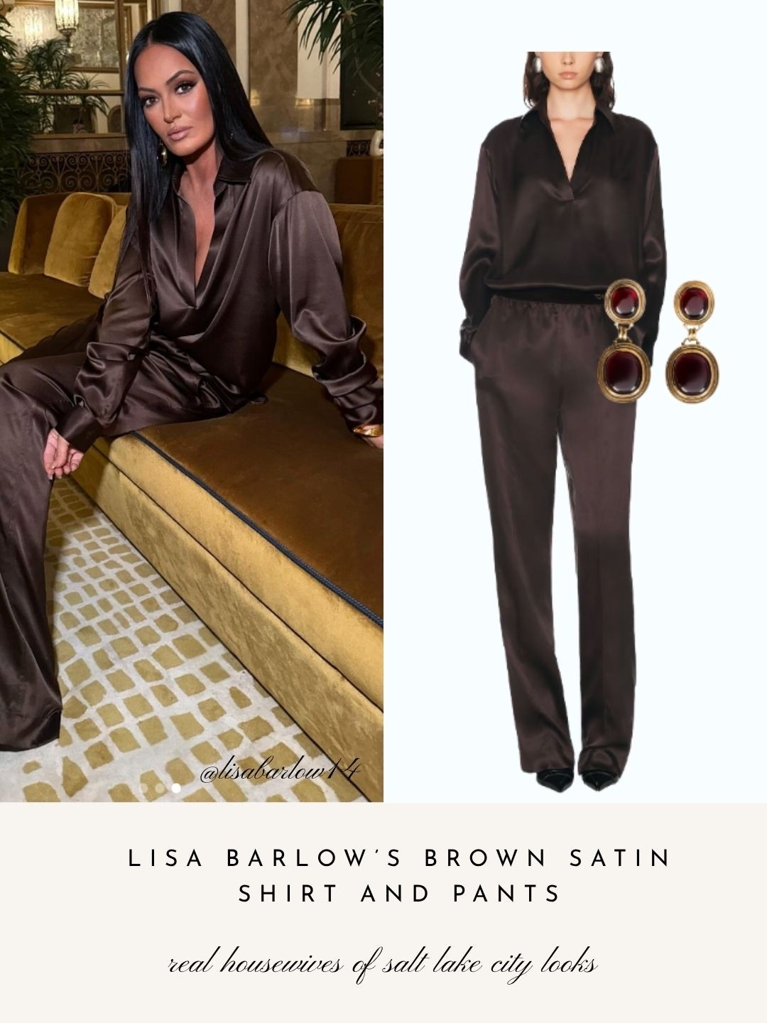 Lisa Barlow’s Brown Satin Shirt and Pants 📸 = @lisabarlow14