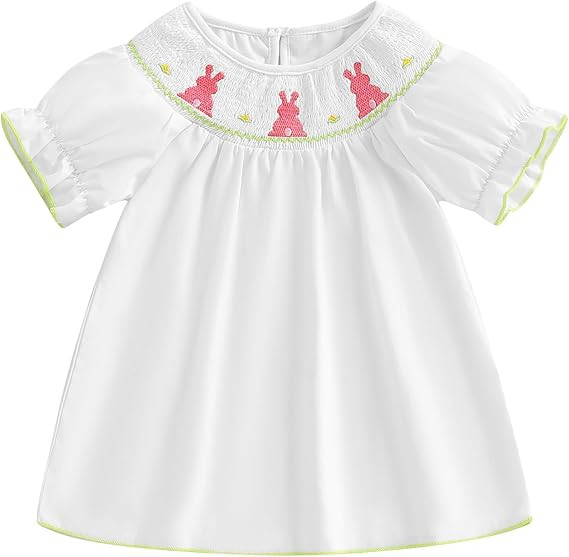 Toddler Baby Girl Easter Dress Bunny Embroidery Puff Short Sleeve Smocked Dress Girls Easter Outf... | Amazon (US)